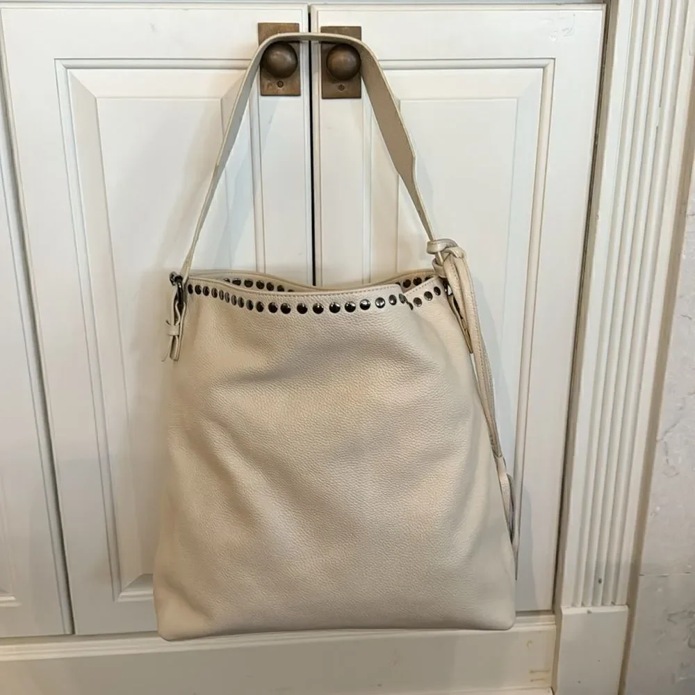 Stunning Laggo “Reed Ivory” Pebbled Leather Studded Hobo Bag
